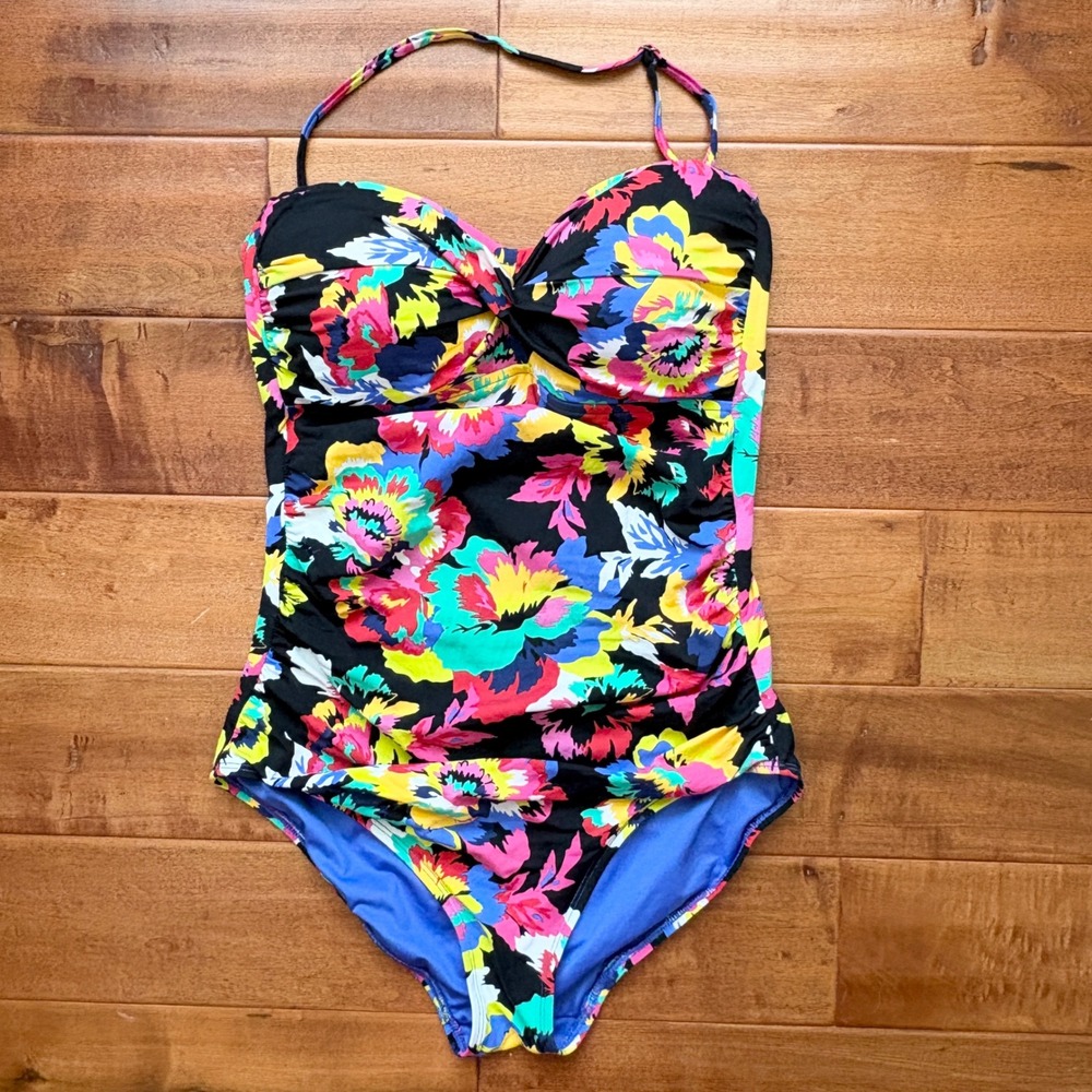 Anne Cole Signature One Piece Floral Ruched Swimsuit, Womens 12 Black Multicolor